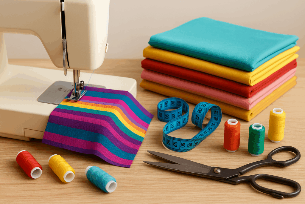 Uma máquina de costura com tecidos coloridos, linhas, tesoura e fita métrica sobre uma mesa, transmitindo criatividade, trabalho e amor pela costura